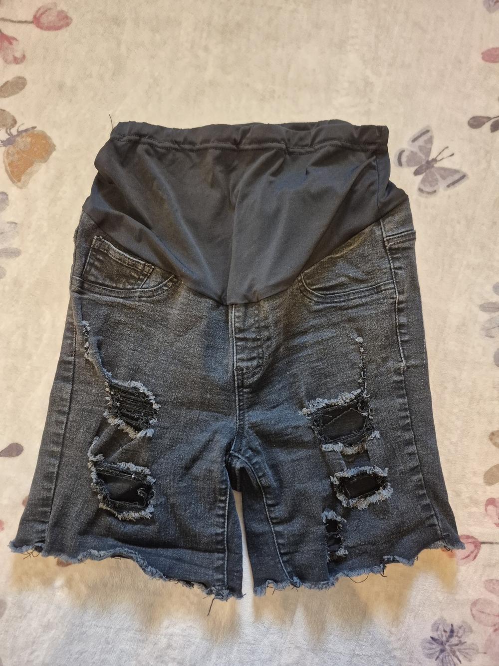 Maternity Distressed Black Denim Shorts with Stretch Panel